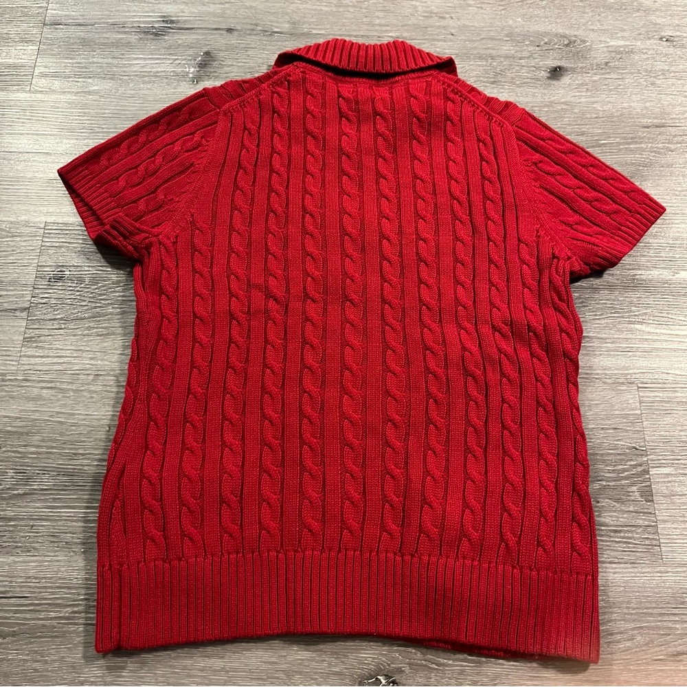LL Bean Red Short Sleeve Cable Knit Button Down Cardigan Sweater Large Coastal - Picture 8 of 10